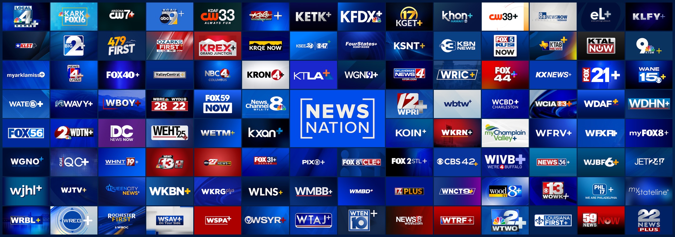Wall of all Nexstar local CTV station logos: KARK Fox 16, KCAU 9+, KDAF 33, KTLA+, WGN9+, NewsNation, WPIX, and more across all markets.